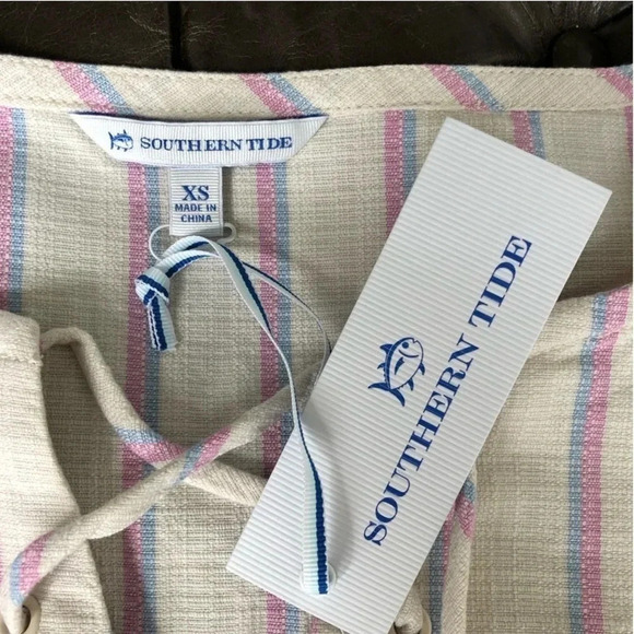 New SOUTHERN TIDE MCKENNA Striped shift Dress natural tassel lace up pockets - Picture 12 of 14